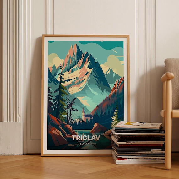 Triglav Slovenia Alpine Peak Lakeside Church Vintage Travel Poster