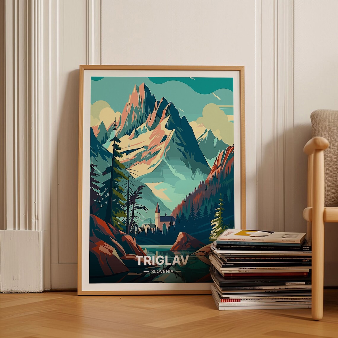 Triglav Slovenia Alpine Peak Lakeside Church Vintage Travel Poster