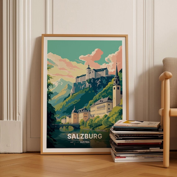 Salzburg Austria Hilltop Fortress Old Town River View Travel Poster