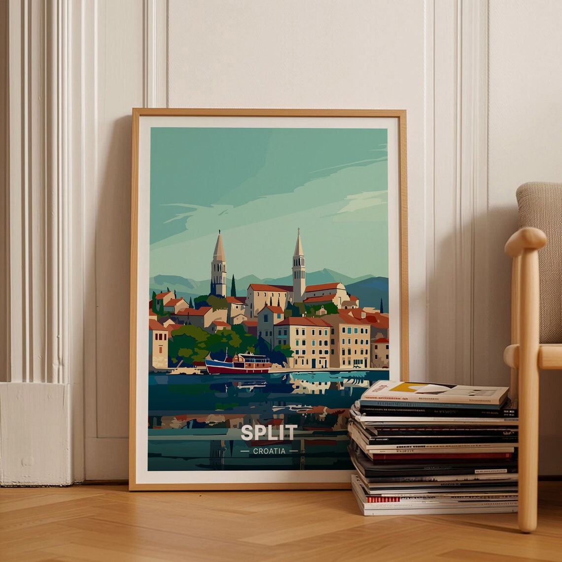 Split Croatia Vintage Travel Poster Waterfront Old Town Harbor Art