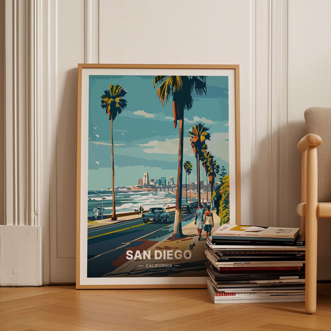 San Diego California Palm Lined Coast Road Classic Car Poster