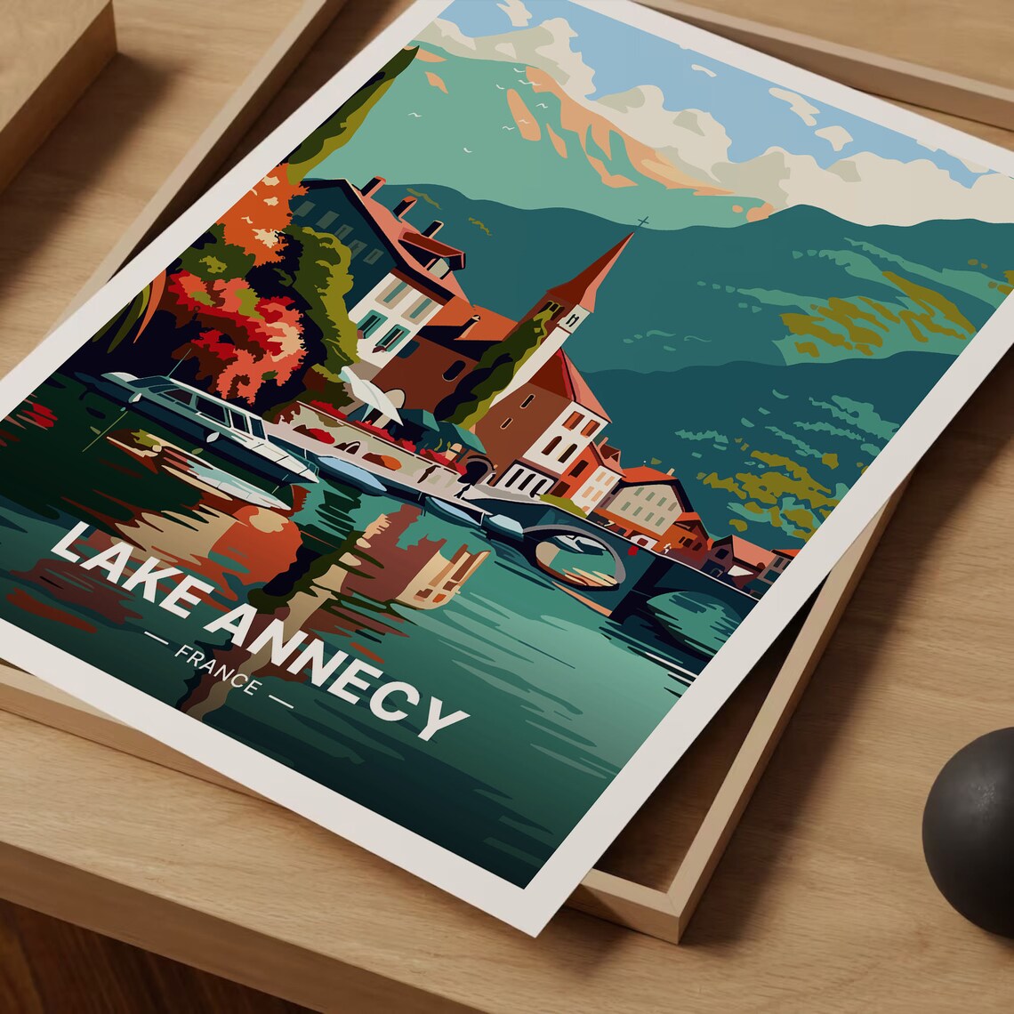 Lake Annecy France Alpine Lakeside Village Church Retro Travel Poster - Image 3