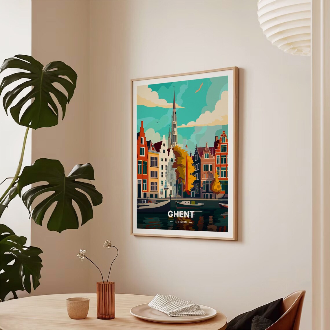 Ghent Belgium Canal Colorful Row Houses Gothic Church Spire Travel Poster - Image 2