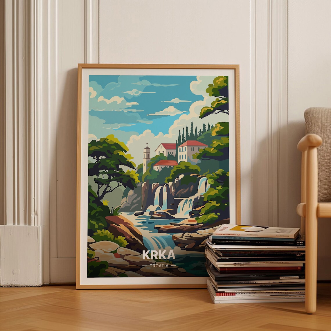 Krka Croatia Waterfalls Red Roof Village Dalmatia Travel Poster