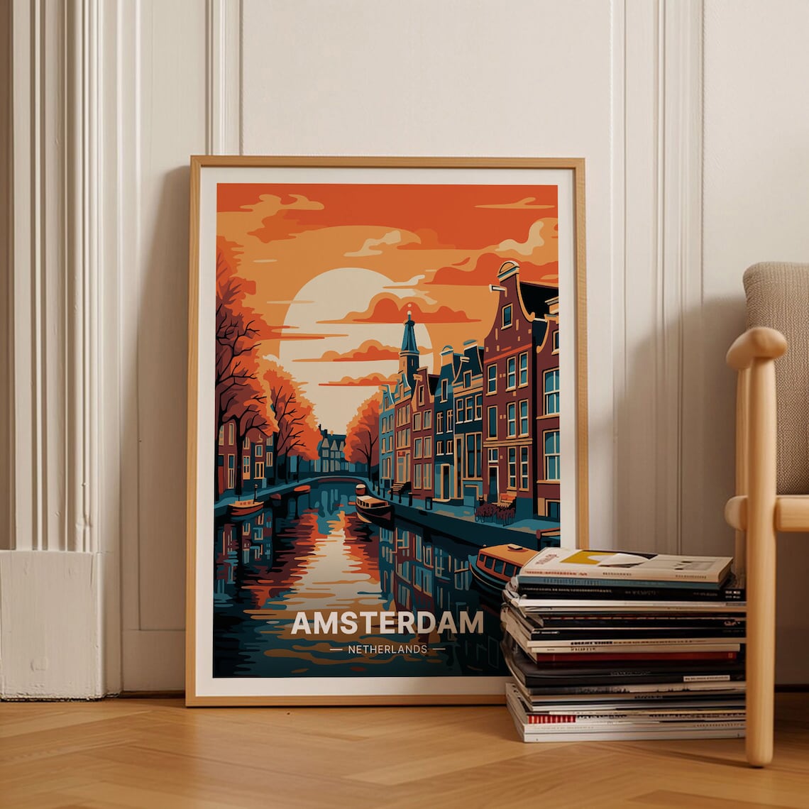 Amsterdam Netherlands Canal Sunset Gabled Houses Boats Travel Poster
