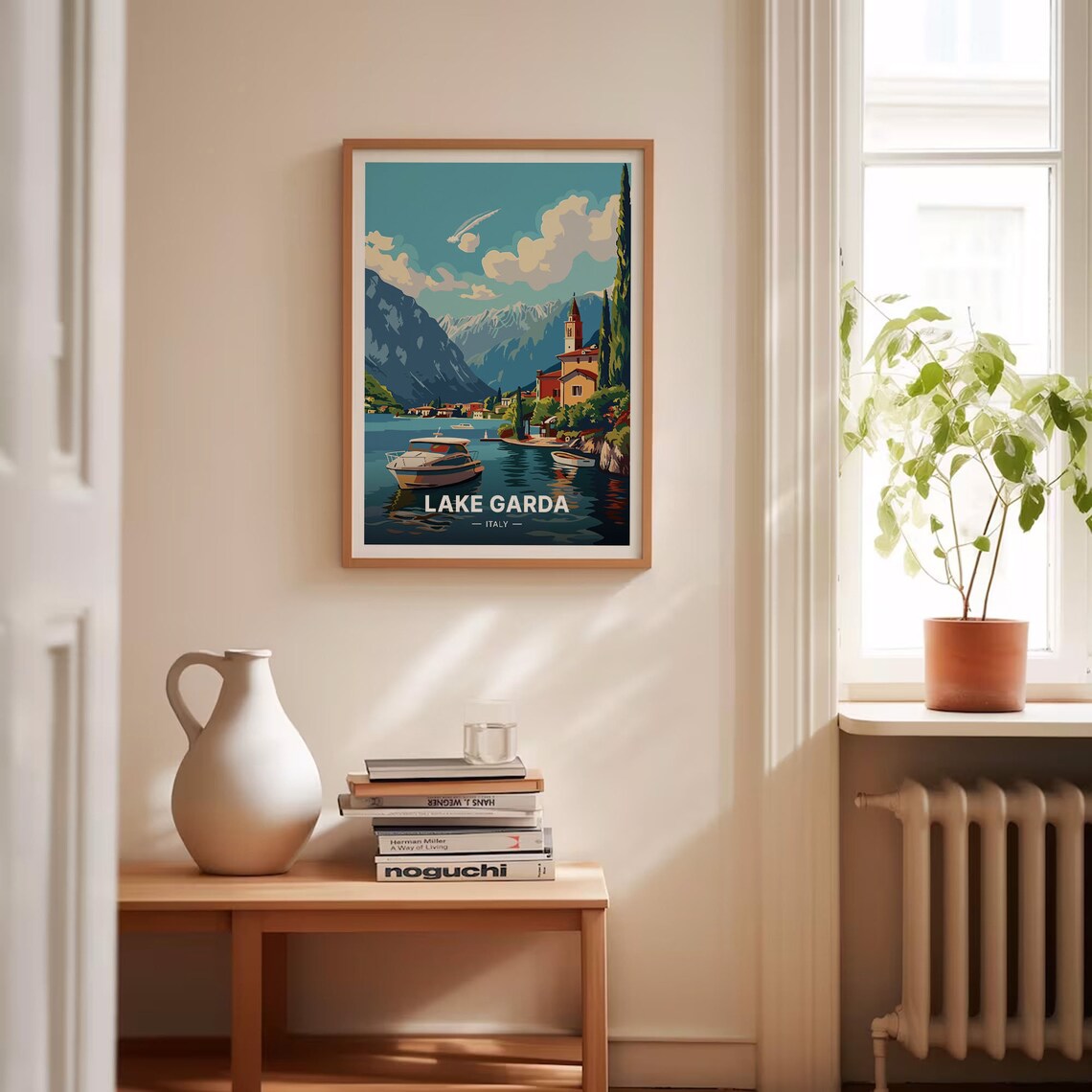 Lake Garda Italy Travel Poster Motorboat Lakeside Church Mountains Art - Image 4