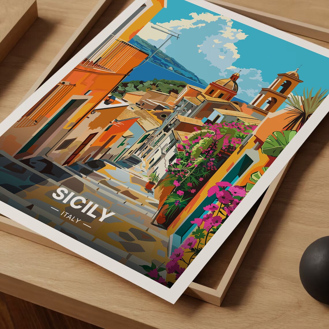 Sicily Italy Old Town Steps Church Dome Coastal Town Travel Poster - Image 3