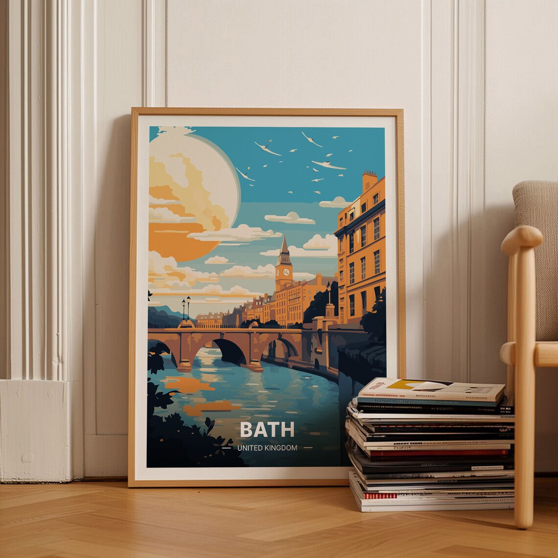 Bath United Kingdom Moonlit Riverside Stone Bridge Travel Poster
