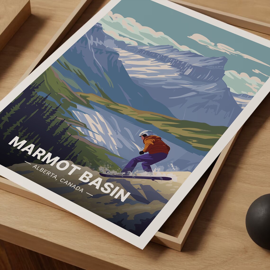 Marmot Basin Alberta Poster Snowboarder Mountain Lake Retro Art - Image 3
