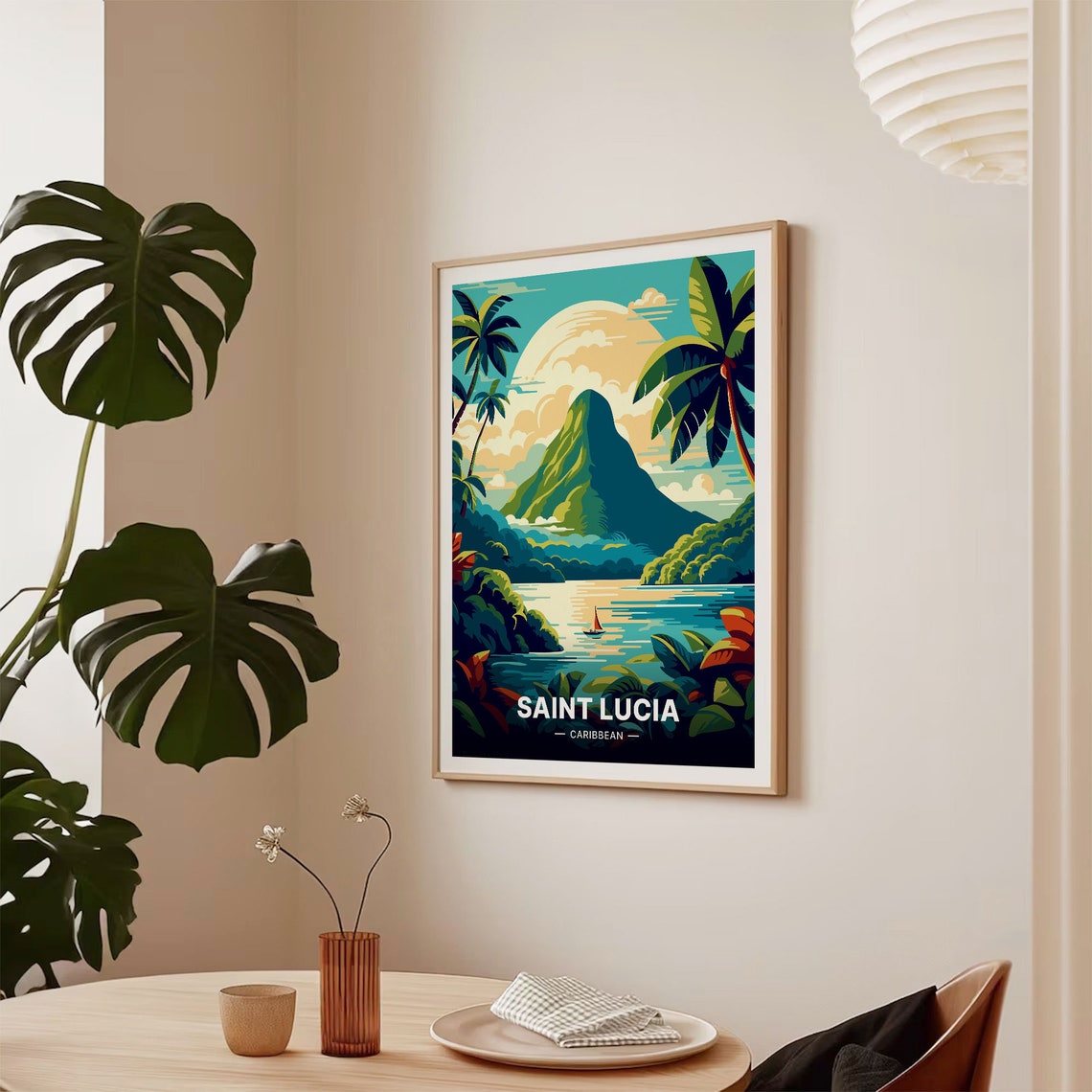 Saint Lucia Caribbean Piton Sailboat Palm Sunset Travel Poster - Image 2