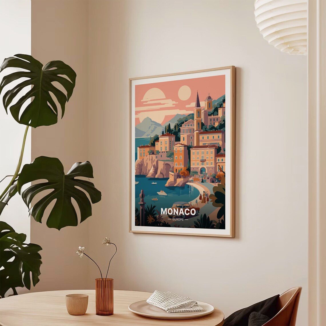 Monaco Europe Travel Poster Coastal Town Harbor Sunset Peach Art - Image 2
