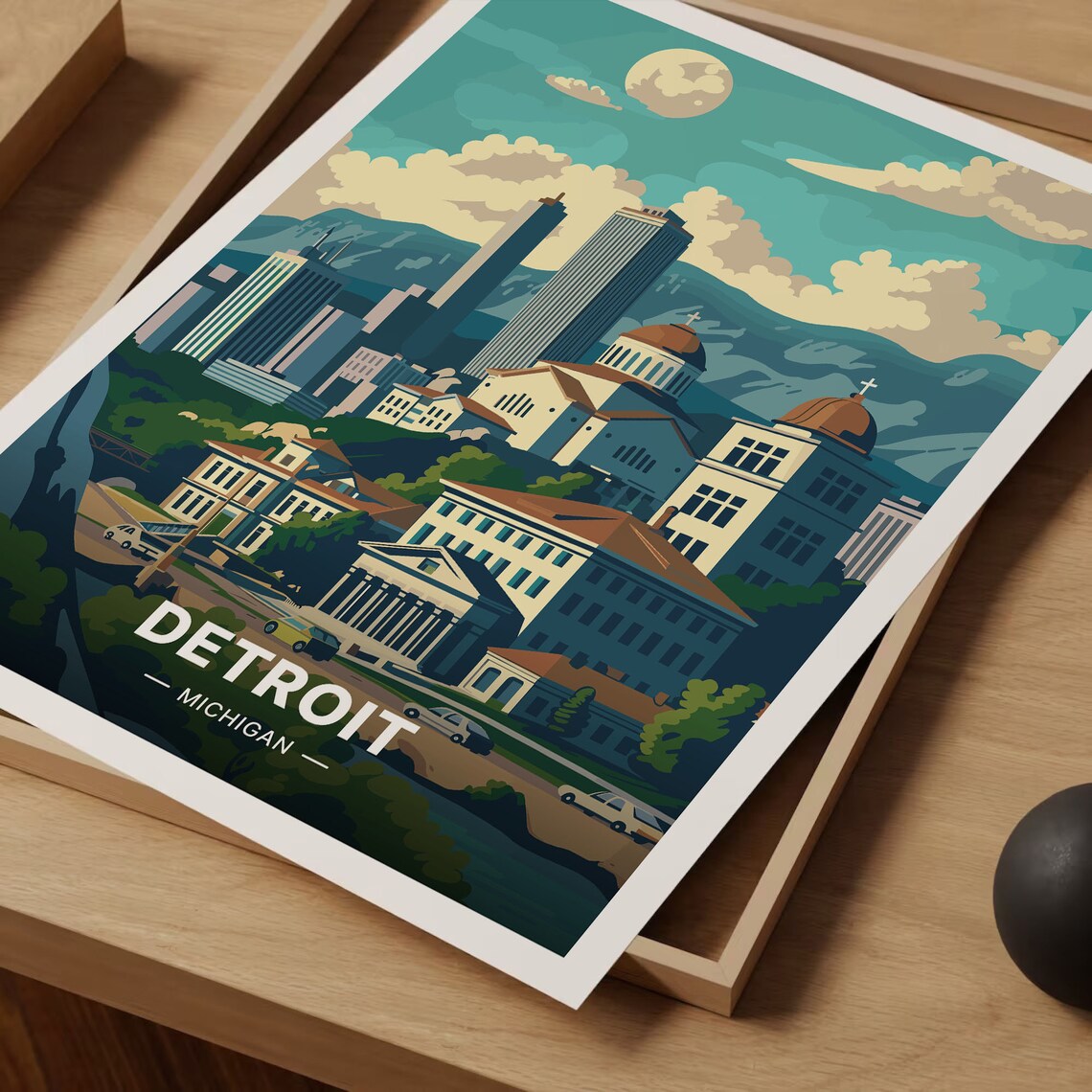 Detroit Michigan Moonlit City Skyline Vintage Illustrated Travel Poster - Image 3