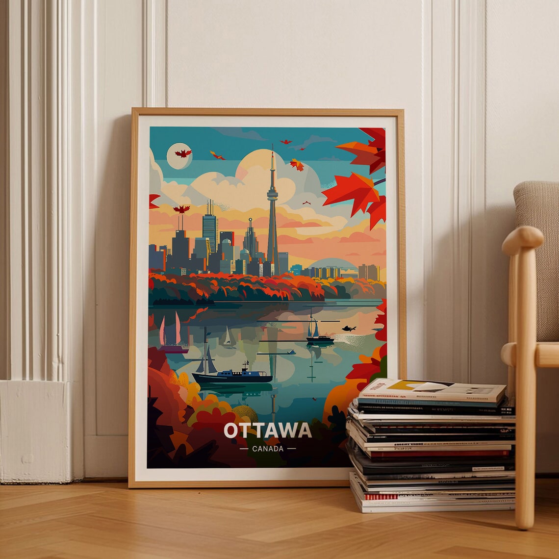 Ottawa Canada Skyline Tower Autumn Lake Retro Vintage Travel Poster