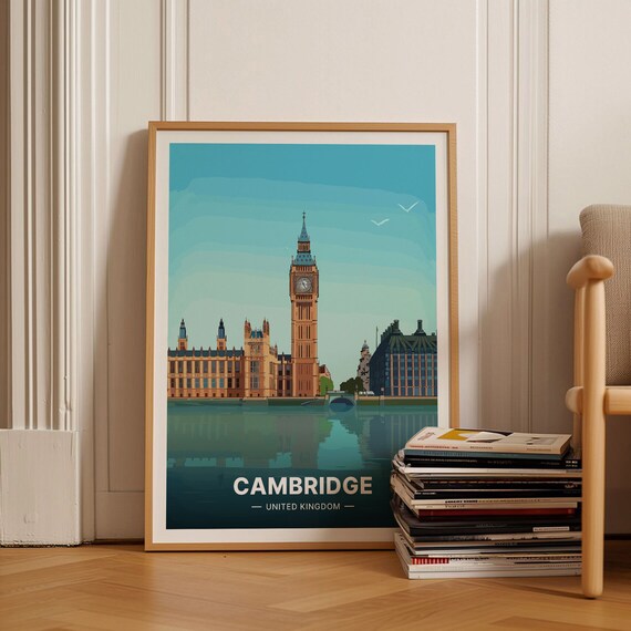 Cambridge United Kingdom Riverside Clock Tower Skyline Poster