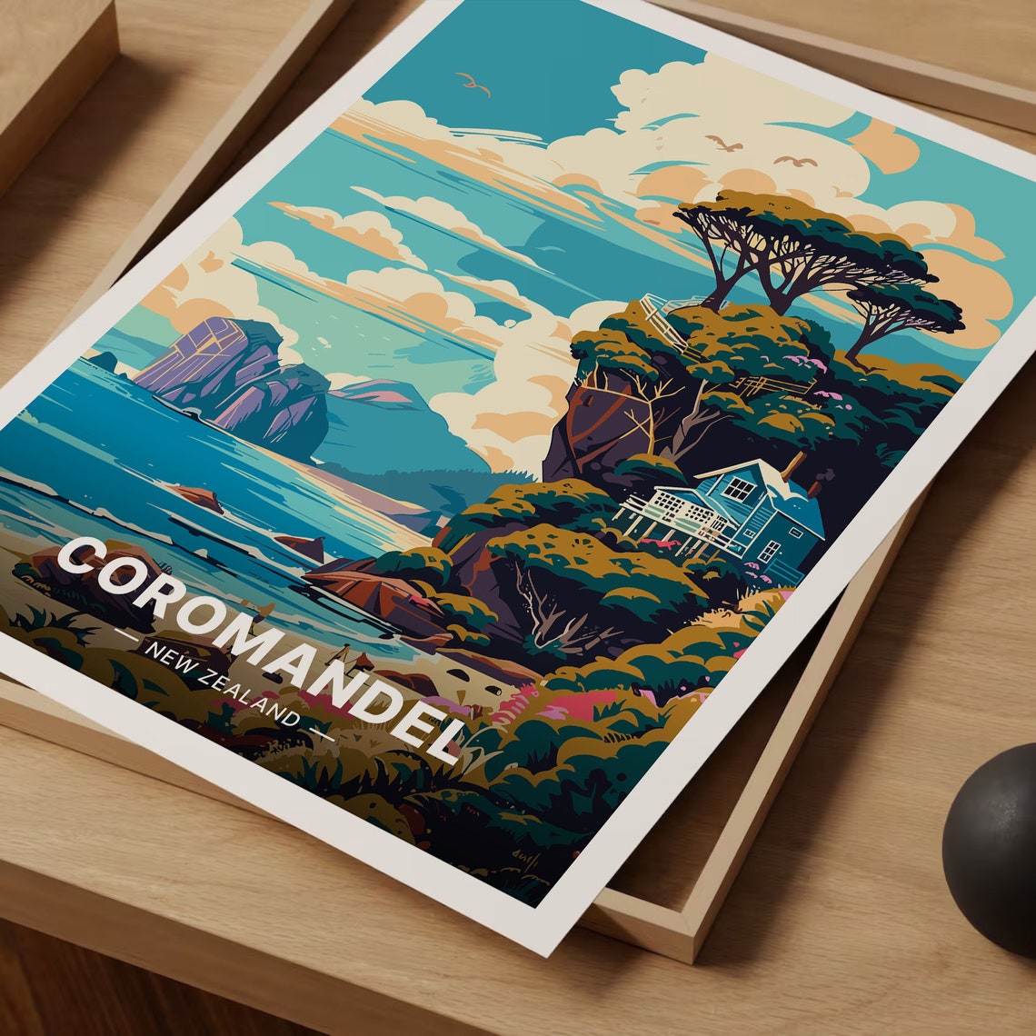 Coromandel New Zealand Coastal Cliffs Sea Stacks Vintage Poster - Image 3