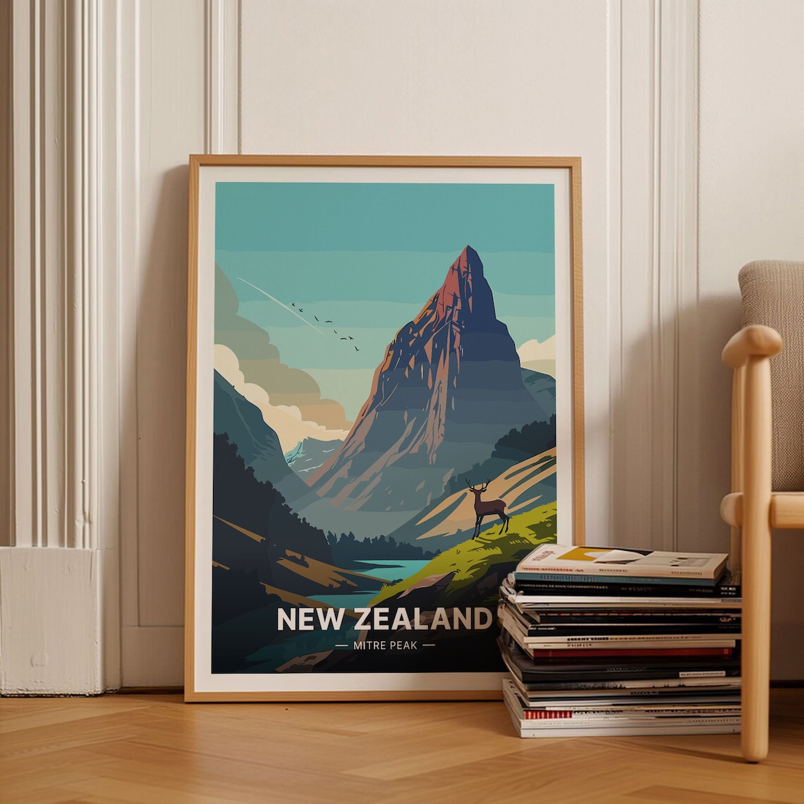 Mitre Peak New Zealand Red Deer Fiordland Vintage Travel Poster