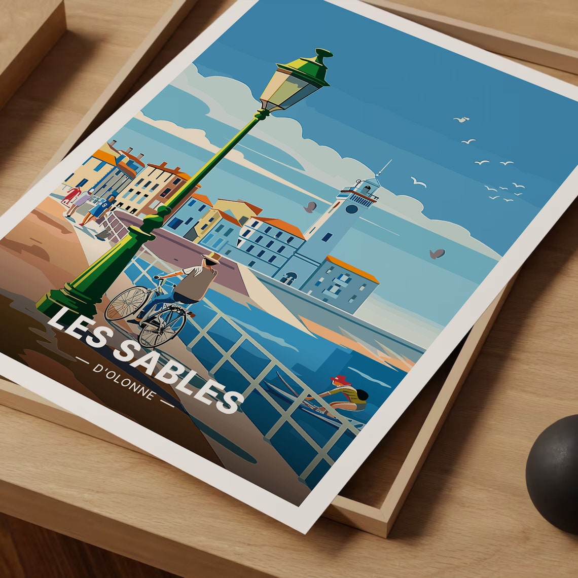 Les Sables d'Olonne France Lighthouse Harbor Cyclist Travel Poster - Image 3