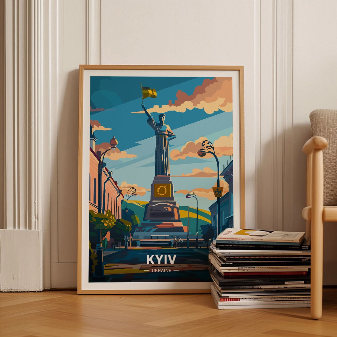 Kyiv Ukraine Bold Monument Flag City Avenue Sunset Travel Poster