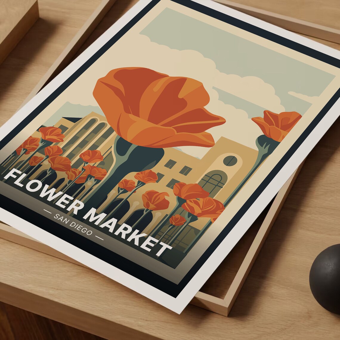 San Diego Flower Market Orange Poppies Building Travel Poster - Image 3