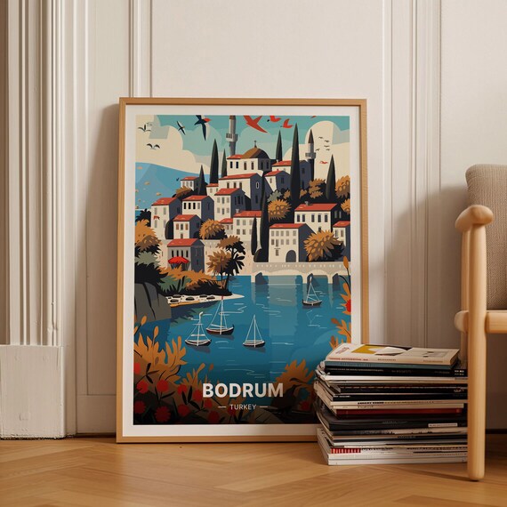 Bodrum Turkey Aegean Harbour Sailboats Hillside Town Travel Poster