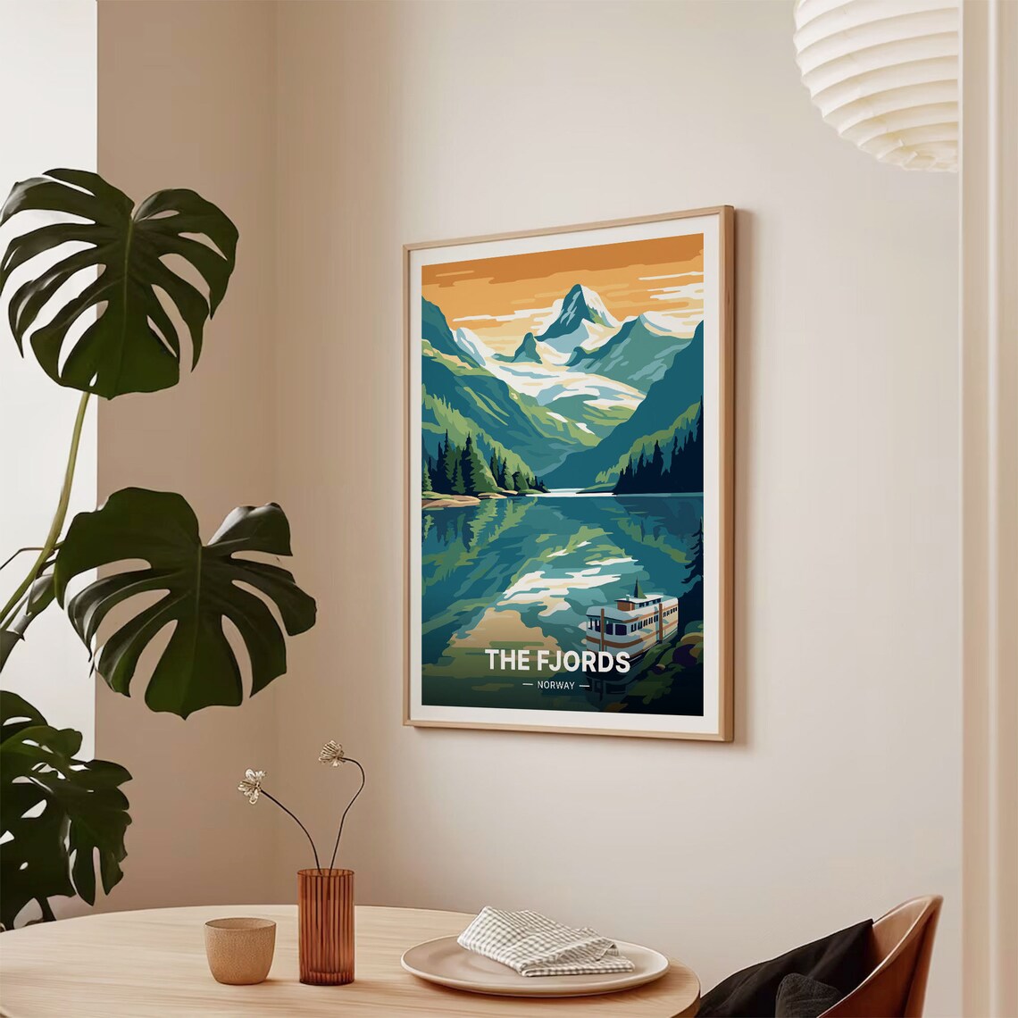 Norway Fjords Mountain Lake Boat Golden Sunset Travel Poster - Image 2