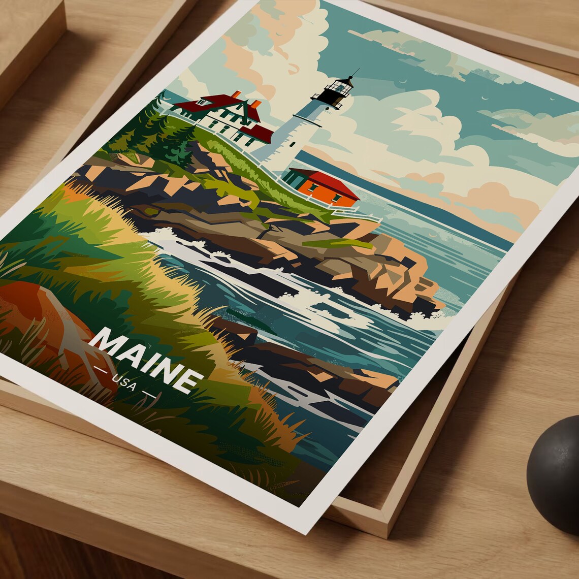Maine Coastal Scenery Travel Poster, State Landmarks Decor - Image 3