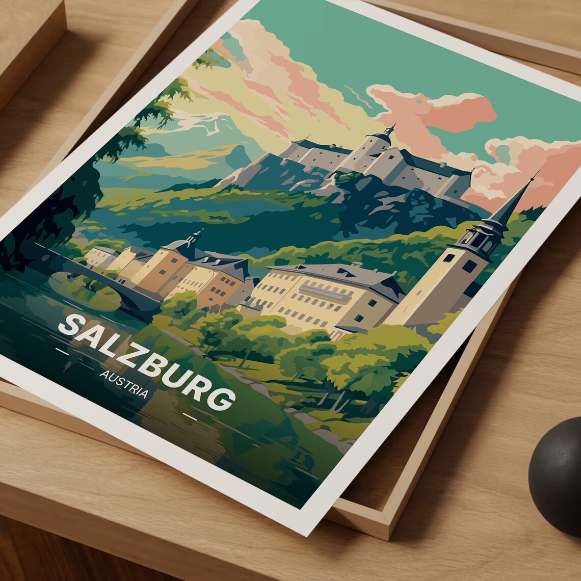 Salzburg Austria Hilltop Fortress Old Town River View Travel Poster - Image 3