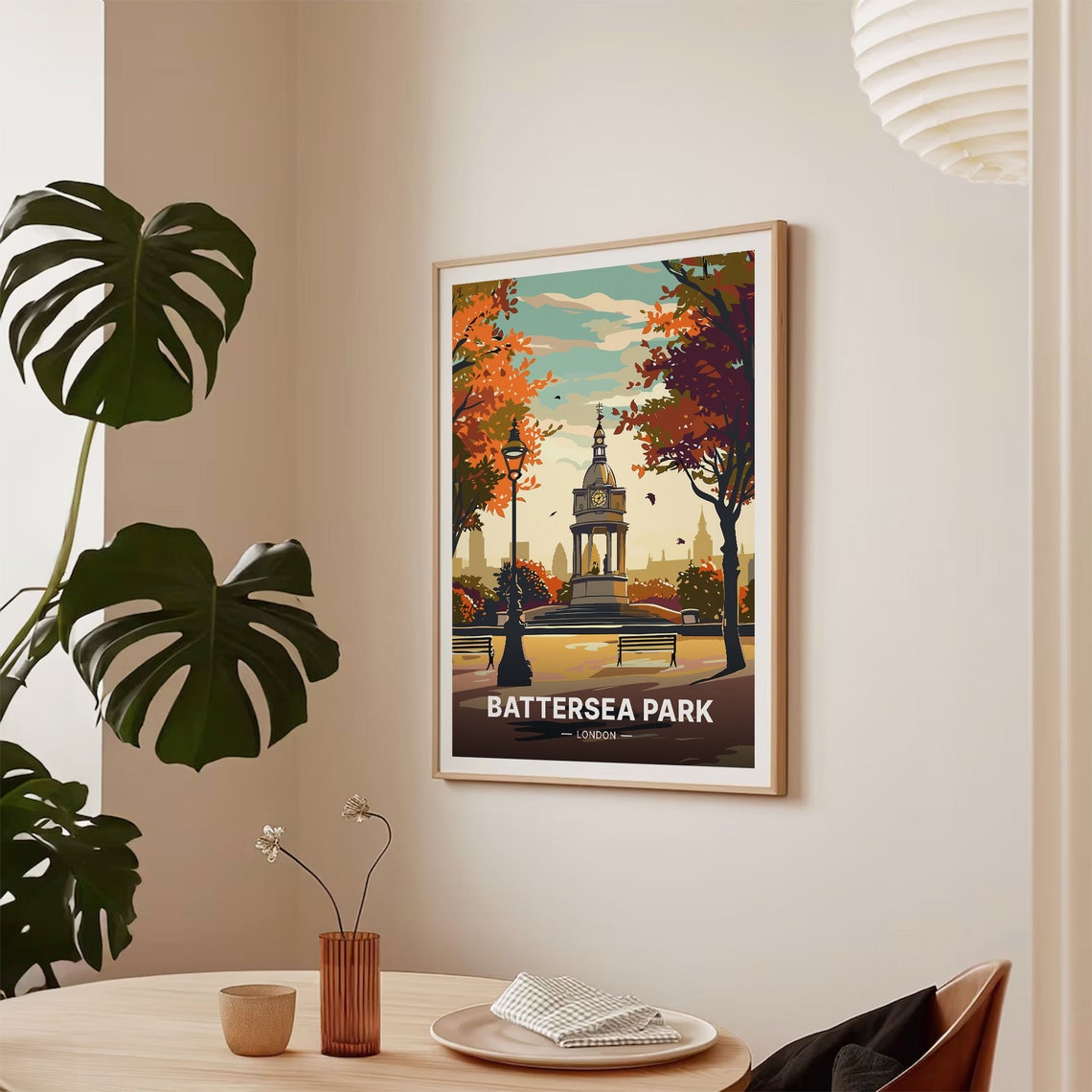 Battersea Park London Travel Poster Autumn Clock Tower Pavilion Art - Image 2