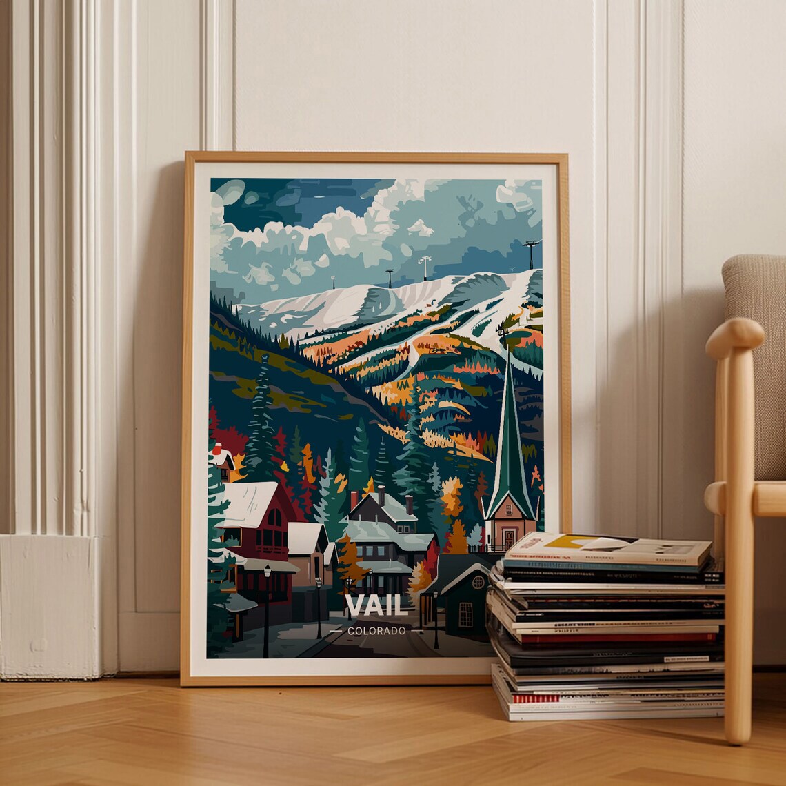 Vail Ski Resort Colorado Travel Poster, Skiers Art Print
