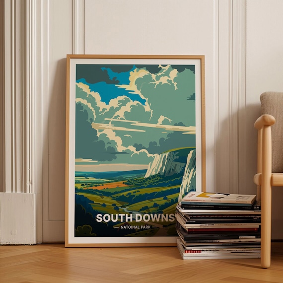 South Downs England White Chalk Cliffs Rolling Fields Travel Poster