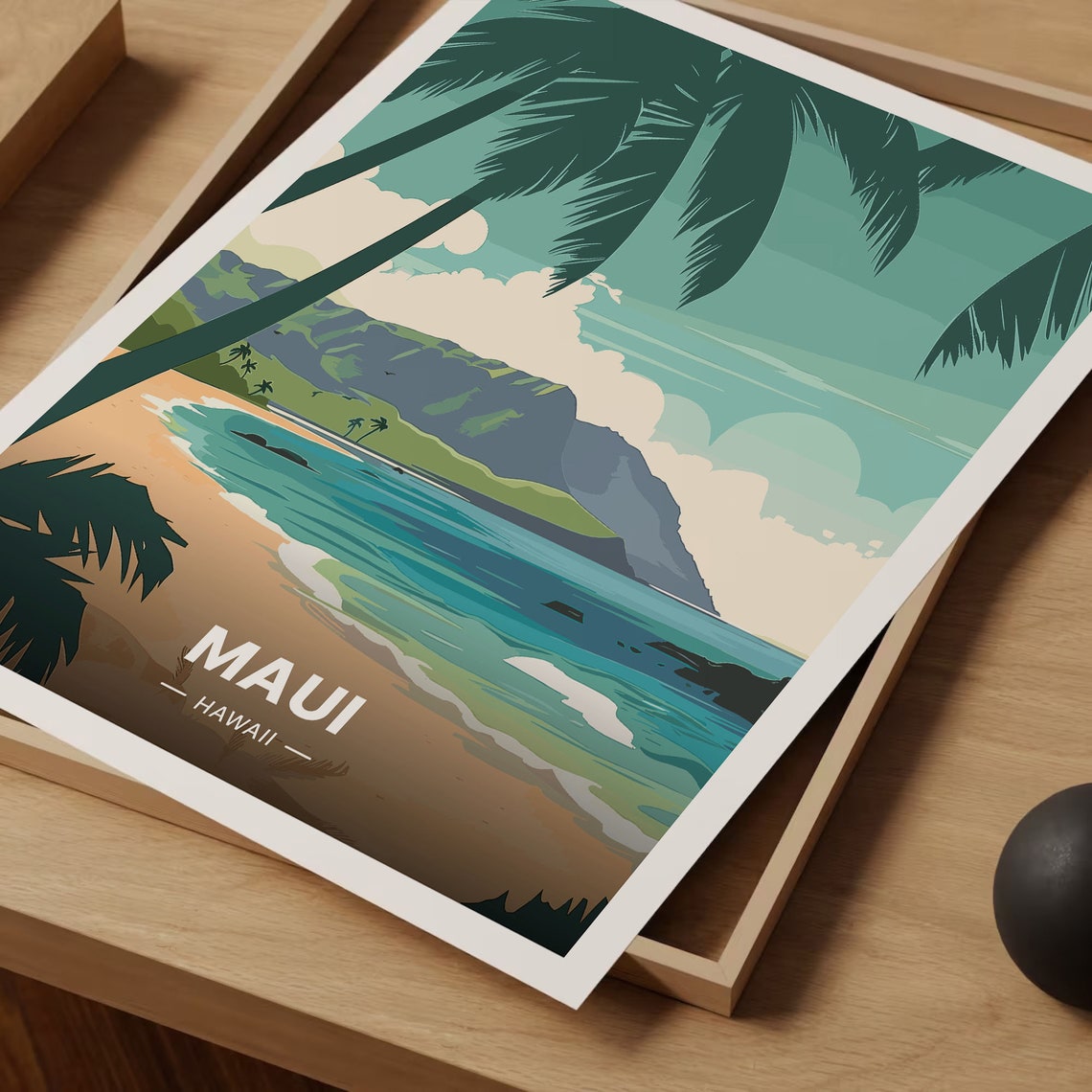 Maui Hawaii Tropical Beach Palms Volcanic Island Coast Travel Poster - Image 3