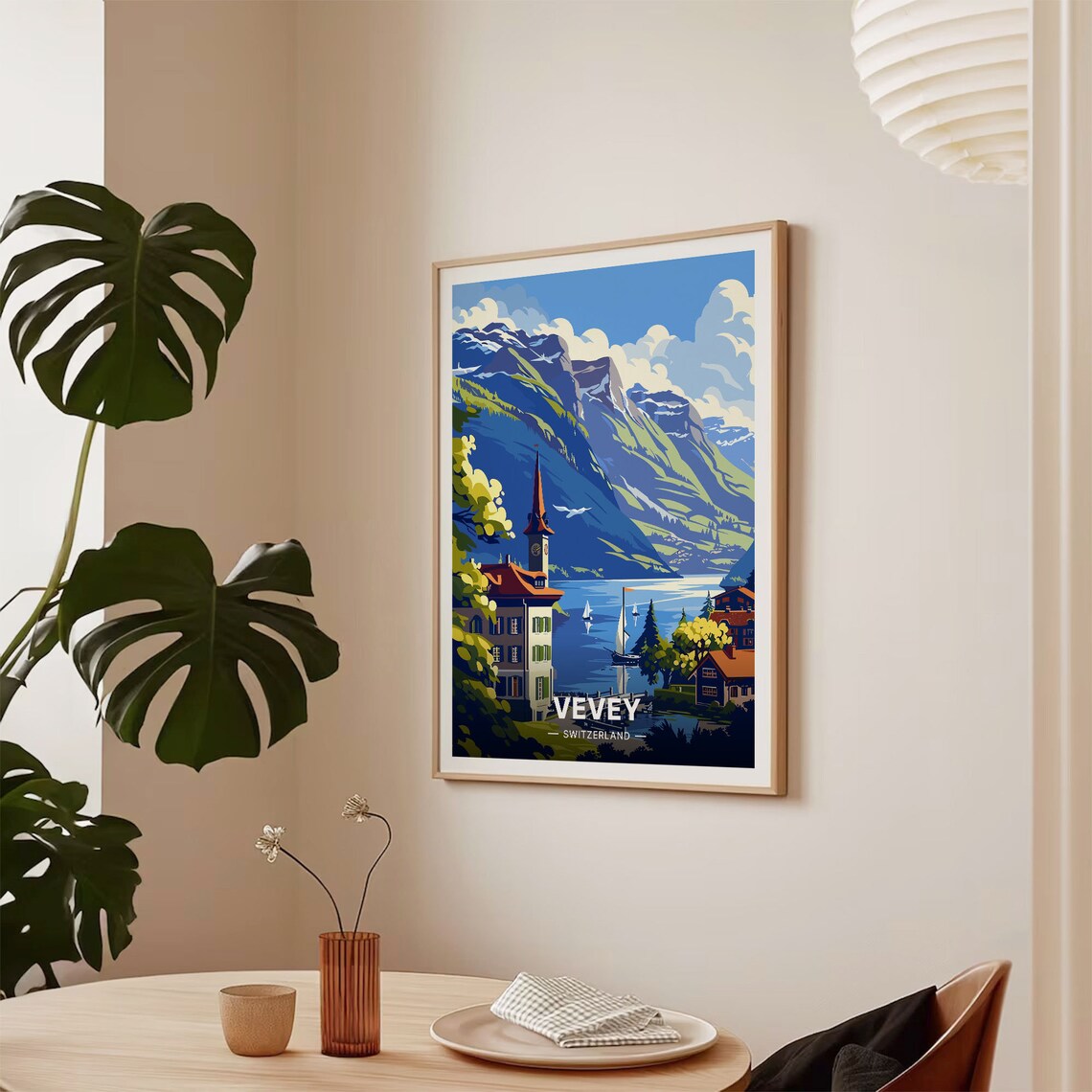 Vevey Switzerland Lake Sailboats Church Mountain Vintage Travel Poster - Image 2