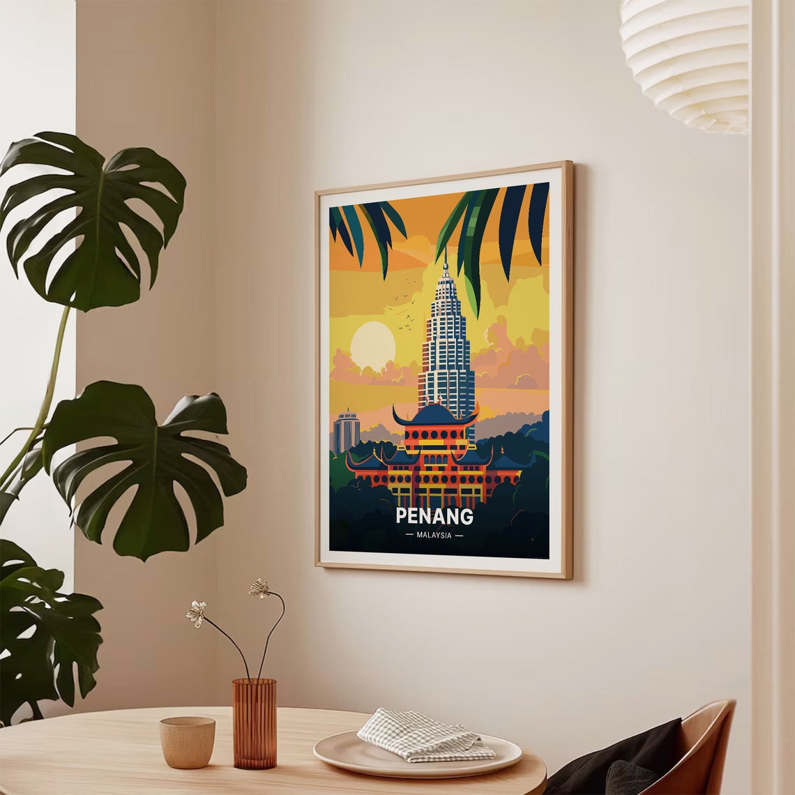Penang Malaysia Temple Tower Sunset Palm Fronds Travel Poster - Image 2