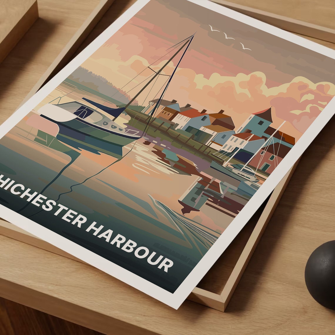 Chichester Harbour Sunset Sailboats Village Scene Art Poster - Image 3