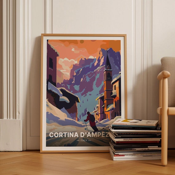 Cortina Dampezzo Ski Poster Italy Winter Travel Art Dolomites Landscape Ski Resort Decor Italian Alps Souvenir Gift C20 1344