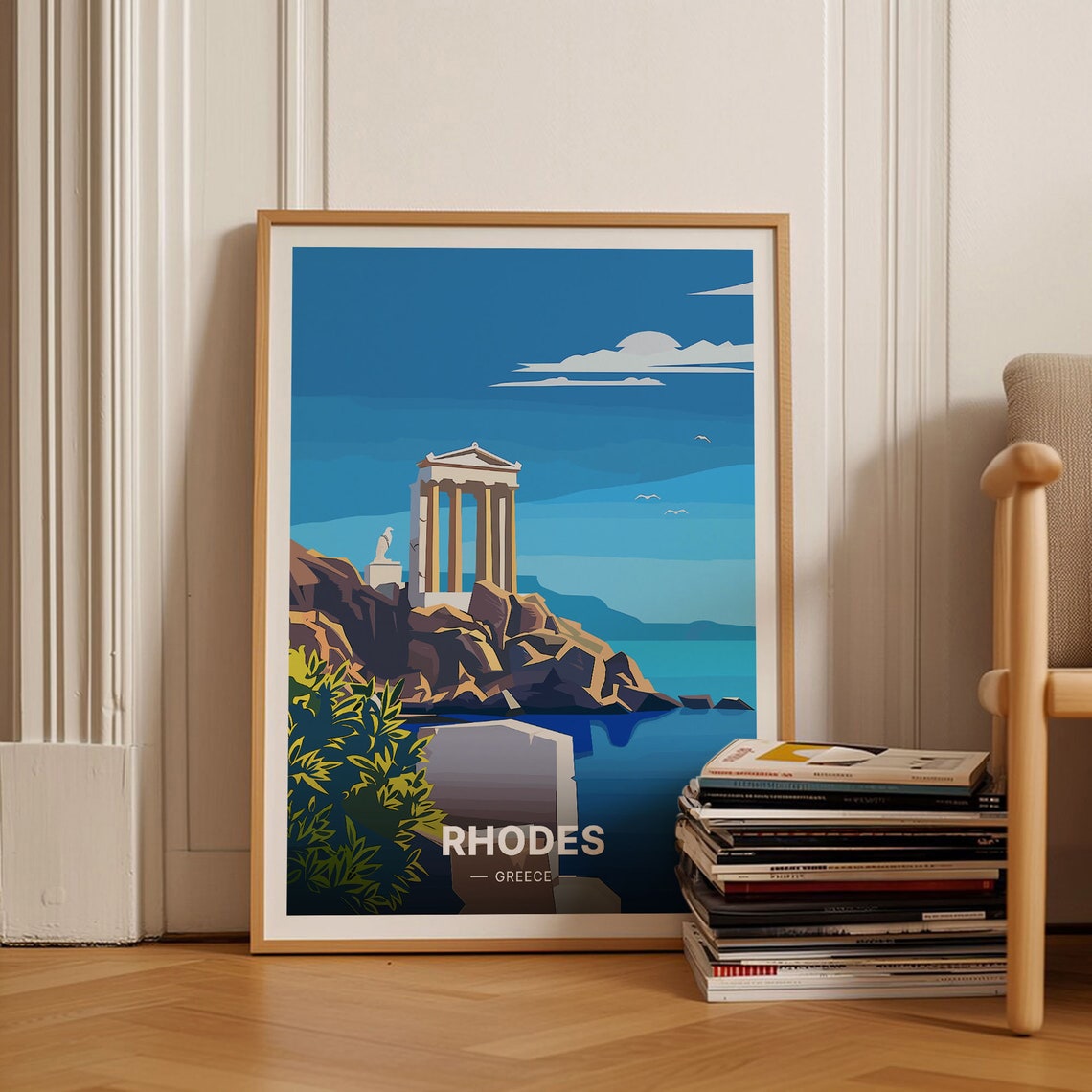 Rhodes Greece Ancient Temple Ruins Rocky Coast Vintage Travel Poster