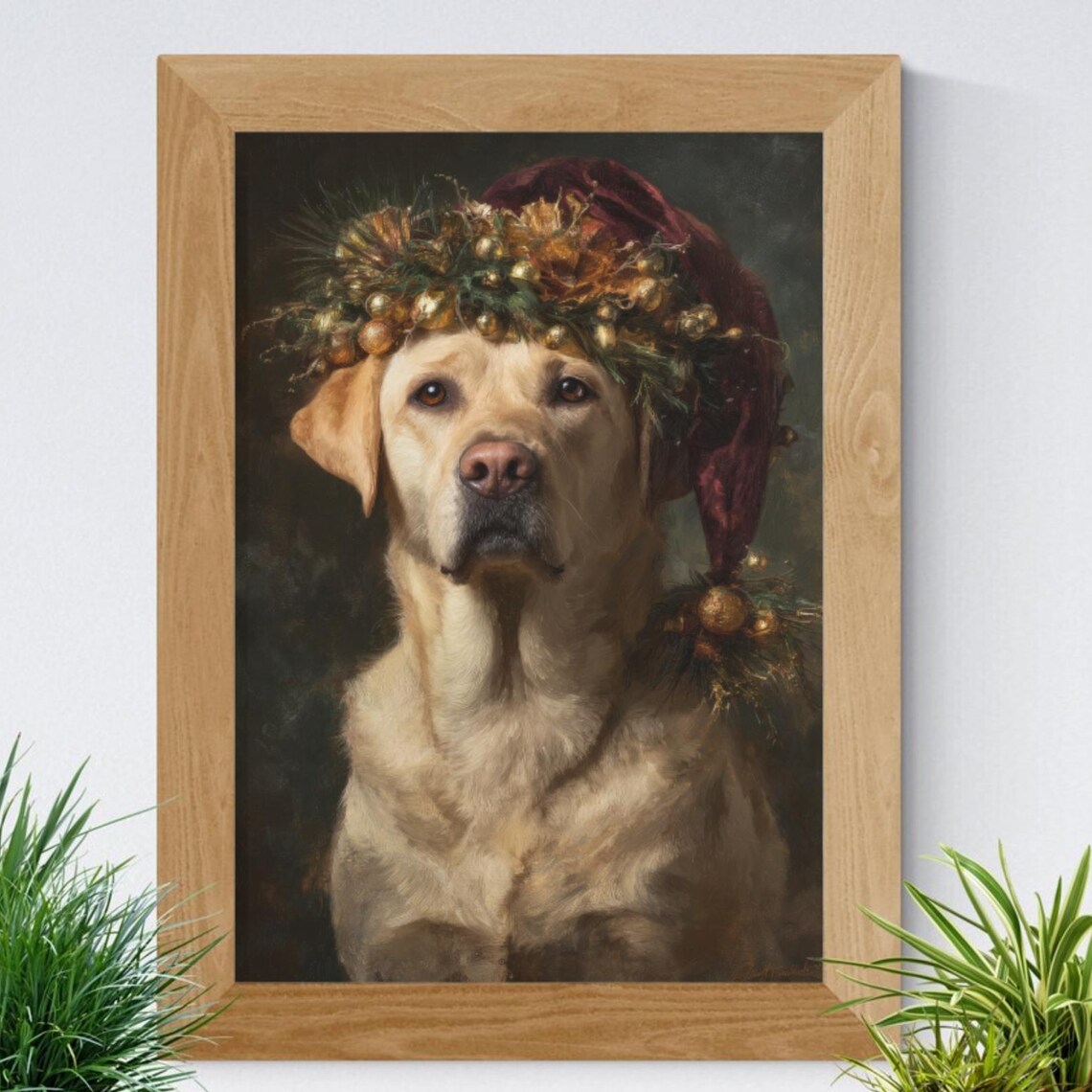 Yellow Labrador in Christmas Hat Holiday Portrait Dog Poster