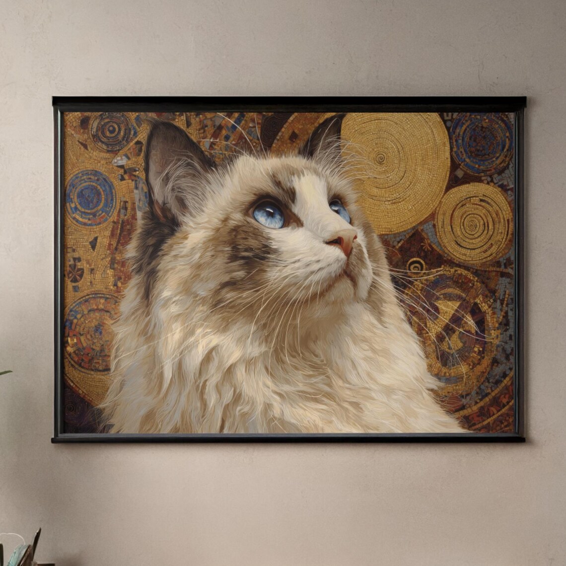 Blue Eyed Long Haired Cat in Golden Mosaic Style Portrait Art Poster