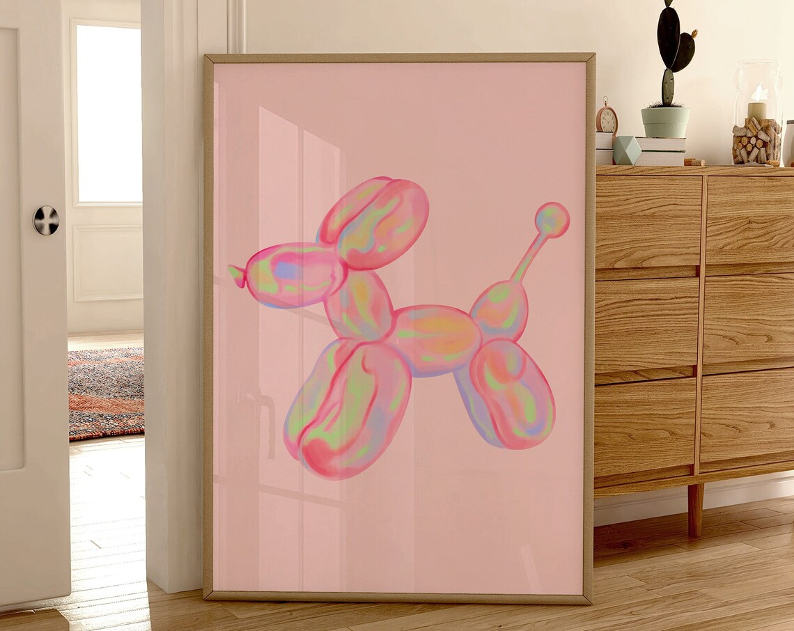Pink Balloon Dog Art Print, Preppy Dorm Decor