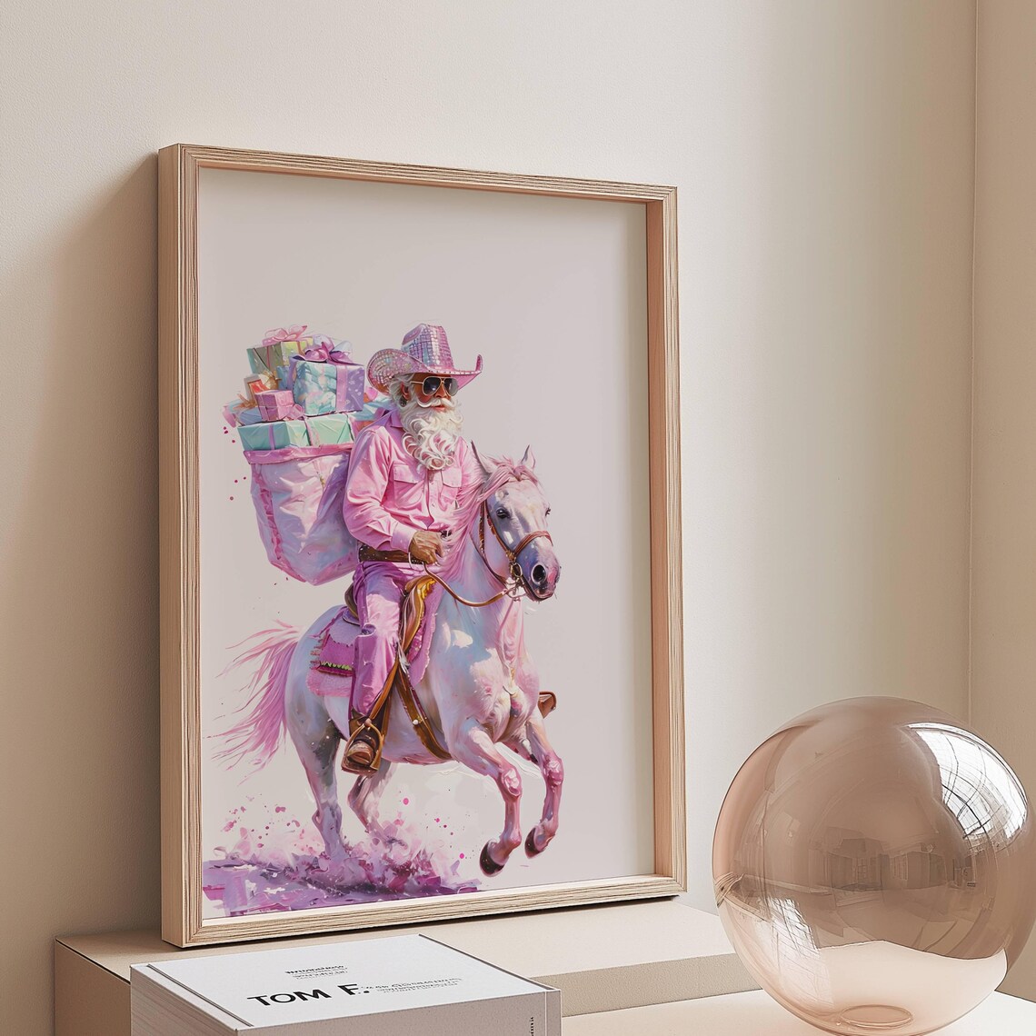 Pink Cowboy Santa Poster Print, Whimsical Christmas