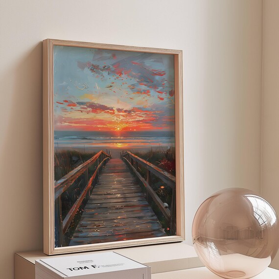 Boardwalk Sunrise At Coastal Beach, New England Travel Poster