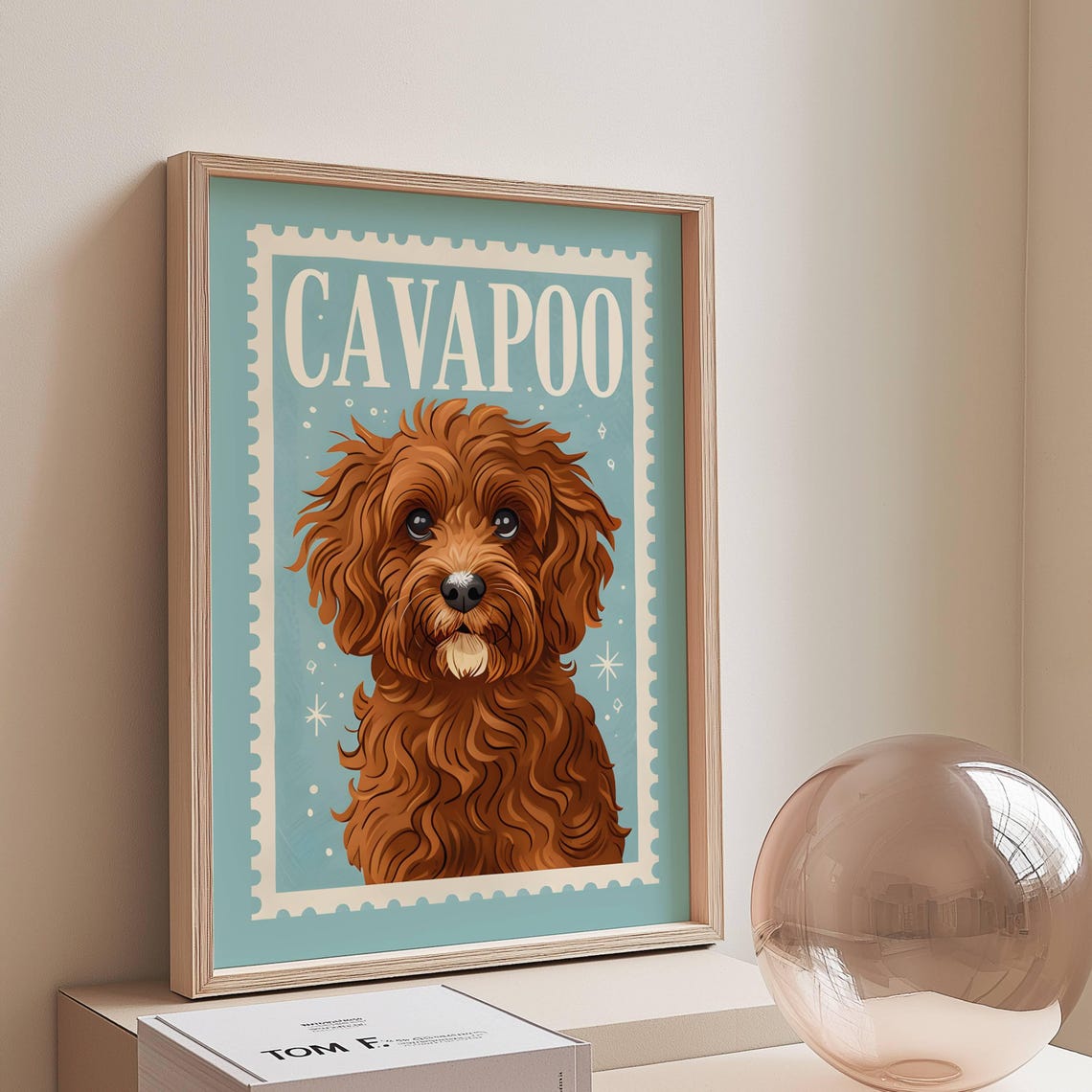 Cavapoo Curly Doodle Dog Vintage Postage Stamp Blue Decor Poster