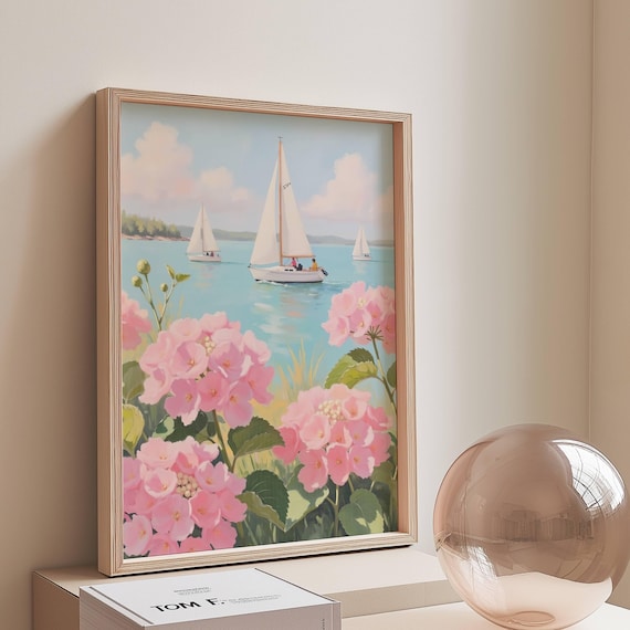Pink Hydrangea Sailing at Coastal Beach Art Print