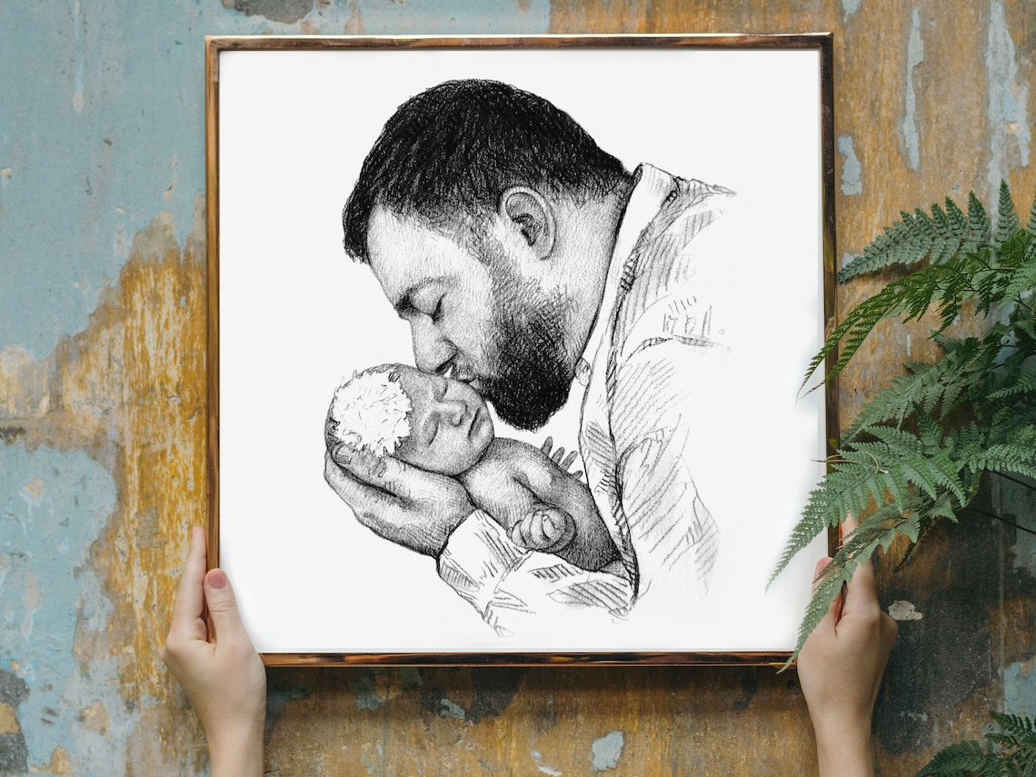 Father Holding Laughing Baby Custom Pencil Portrait Sketch Print - Image 6