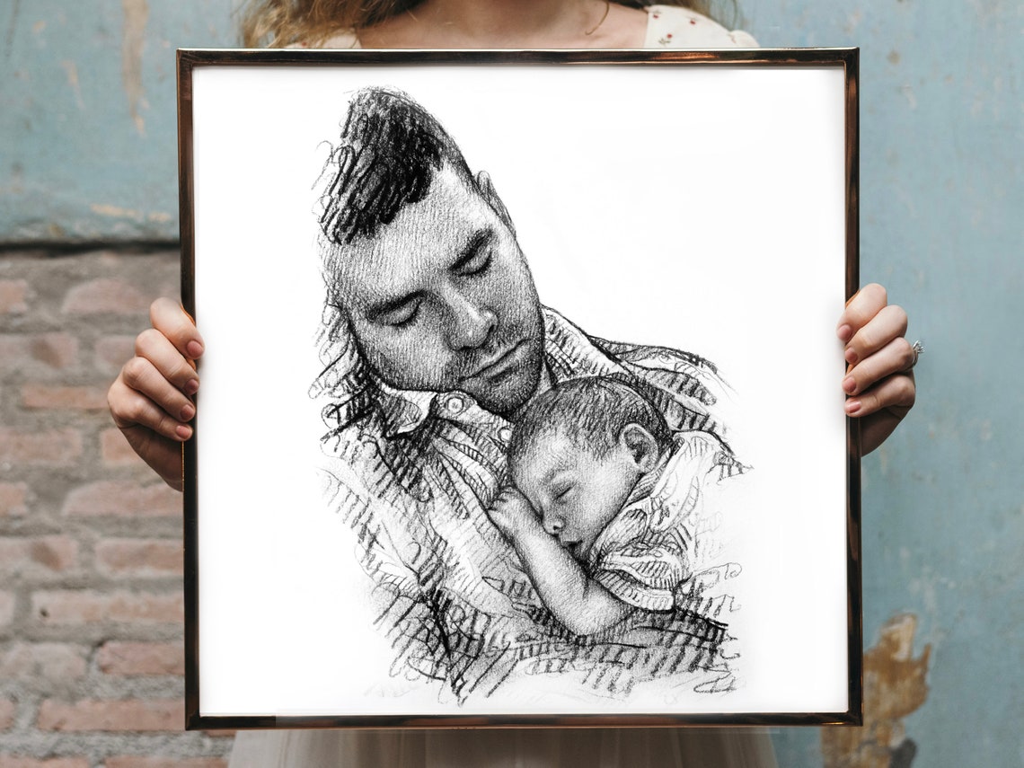 Dad Napping with Sleeping Newborn on Chest Pencil Sketch Poster