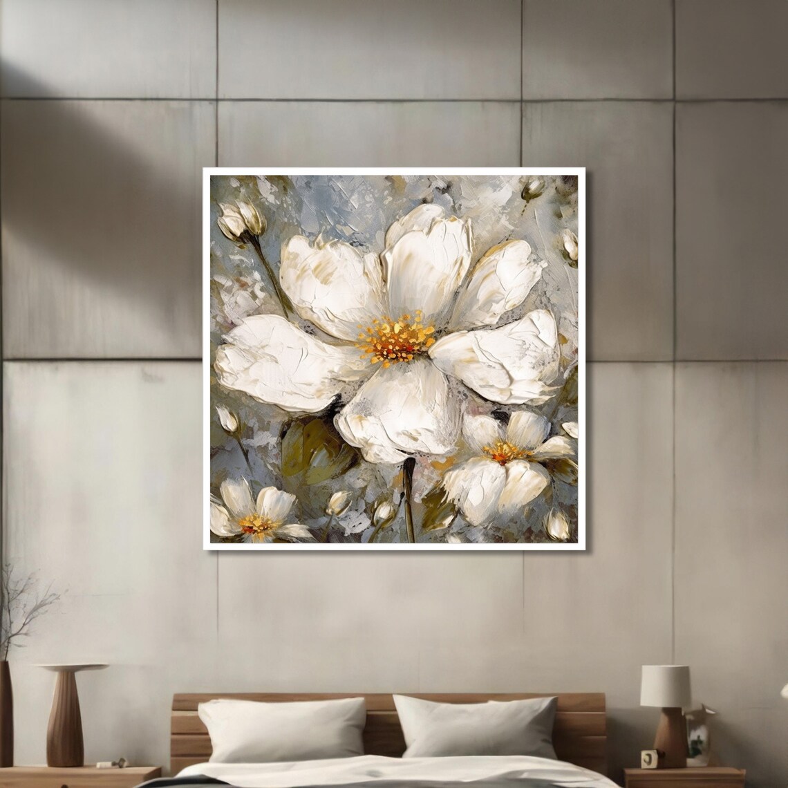 Elegant White Floral Botanical Painting, Serene Decor - Image 3