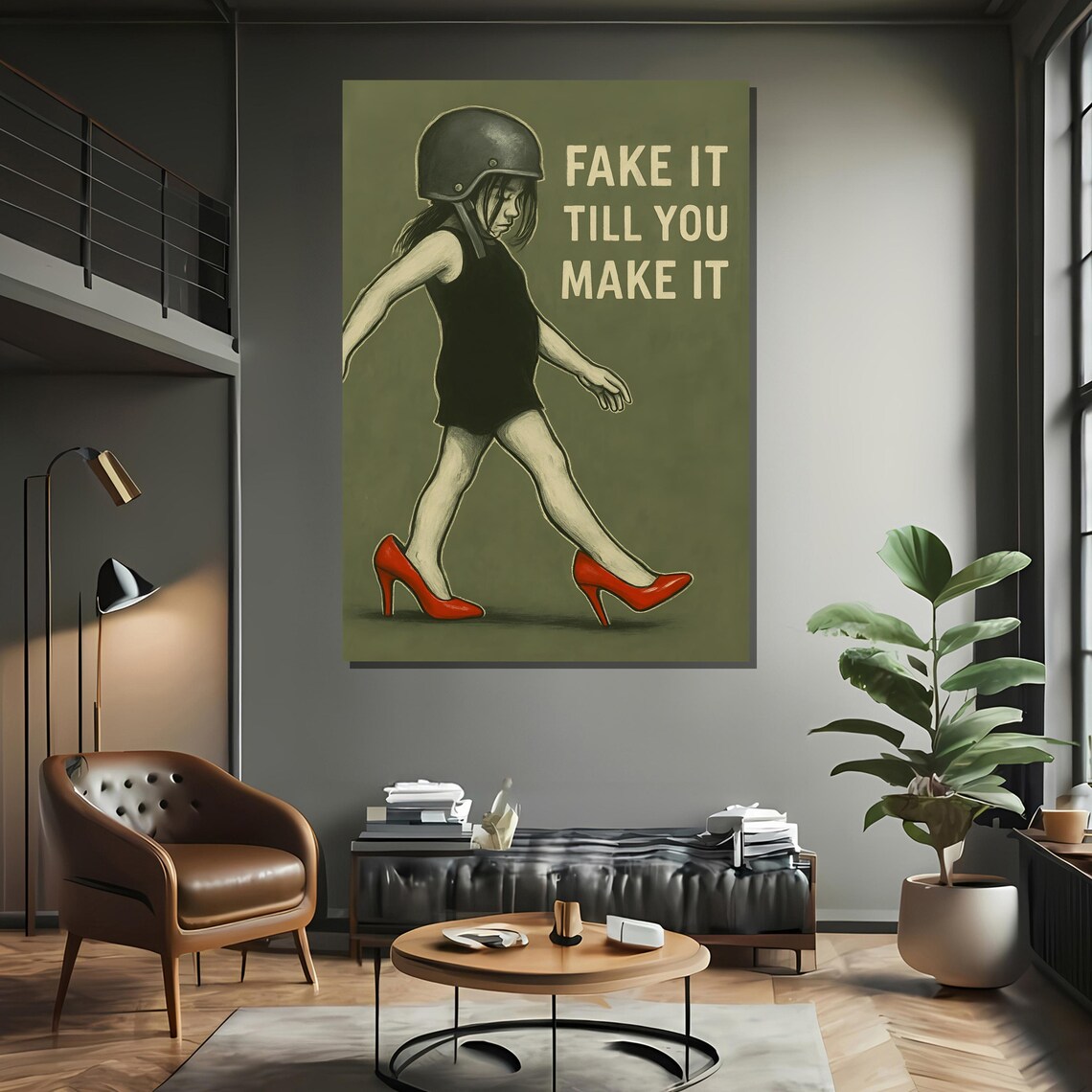 Fake It Till You Make It Motivational Quote Poster Girl in Red Heels - Image 2