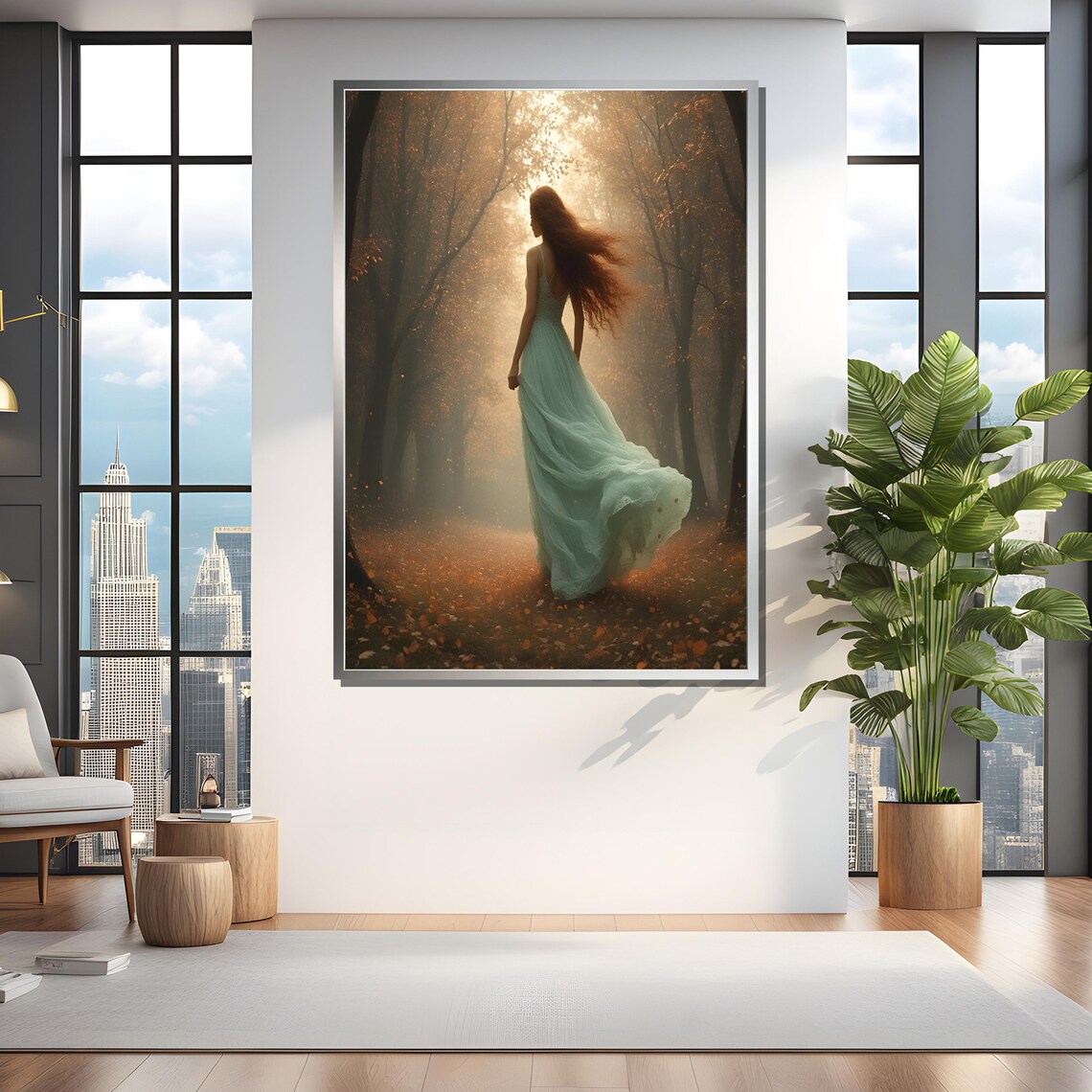 Elegant Woman Walking In Autumn Forest Art Print - Image 4