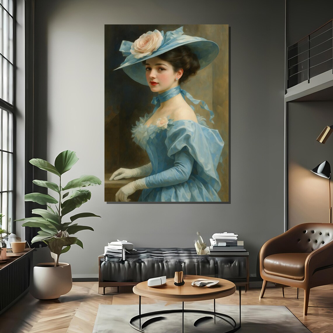 Elegant Lady In Blue Dress Art Print - Image 2