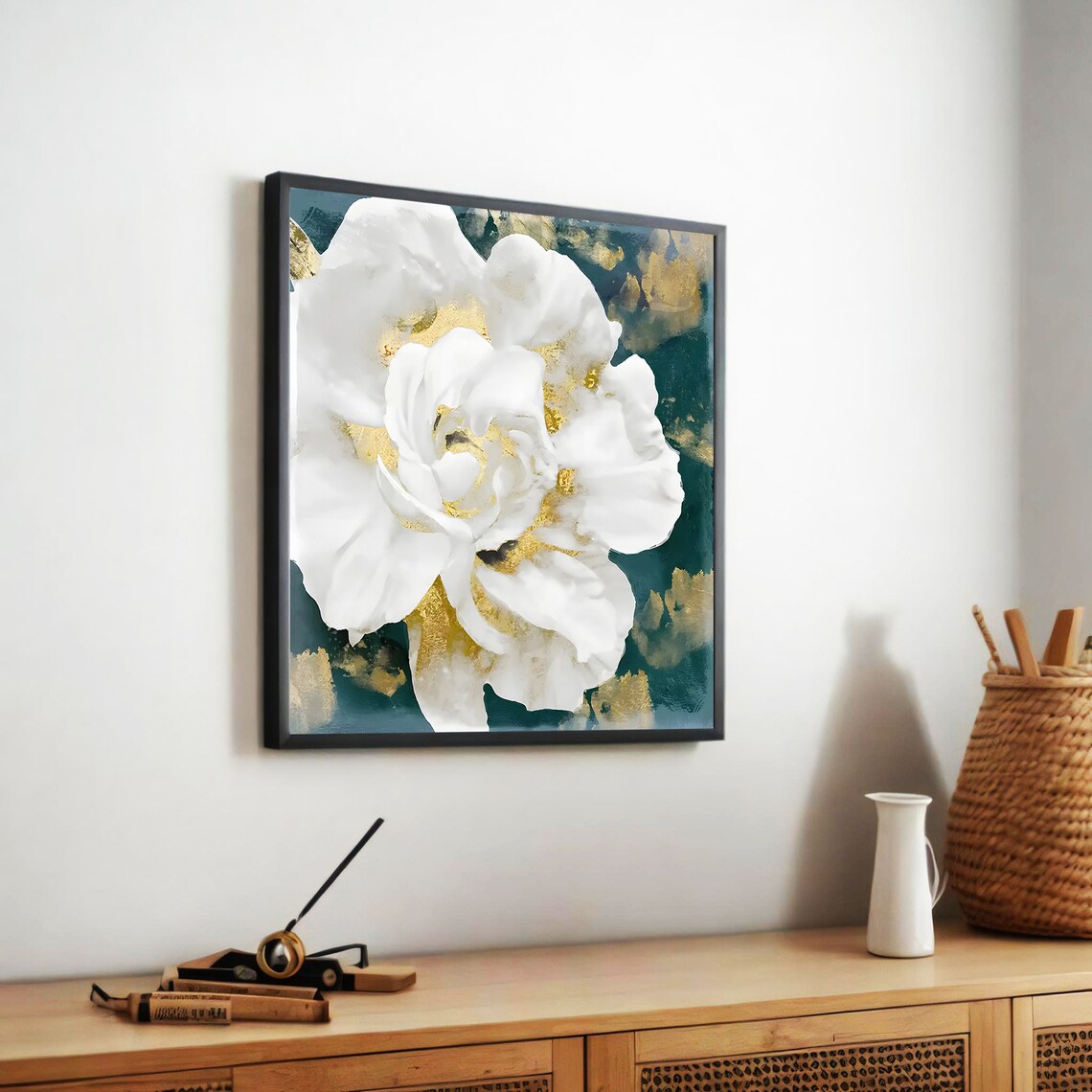 Elegant White Flower With Gold Accents, Modern Floral Art - Image 4